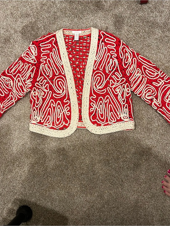 Chico's Jackets & Blazers - Chico's Red Crochet Openwork Top with Cream Accents size 1